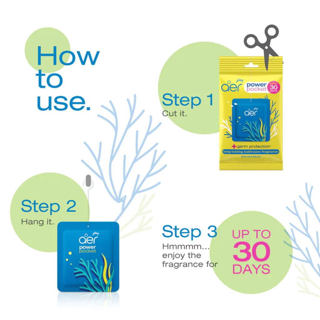 Godrej Aer Power Pocket Germ Protection Long Lasting Bathroom Fragrance - Sea Breeze 10g