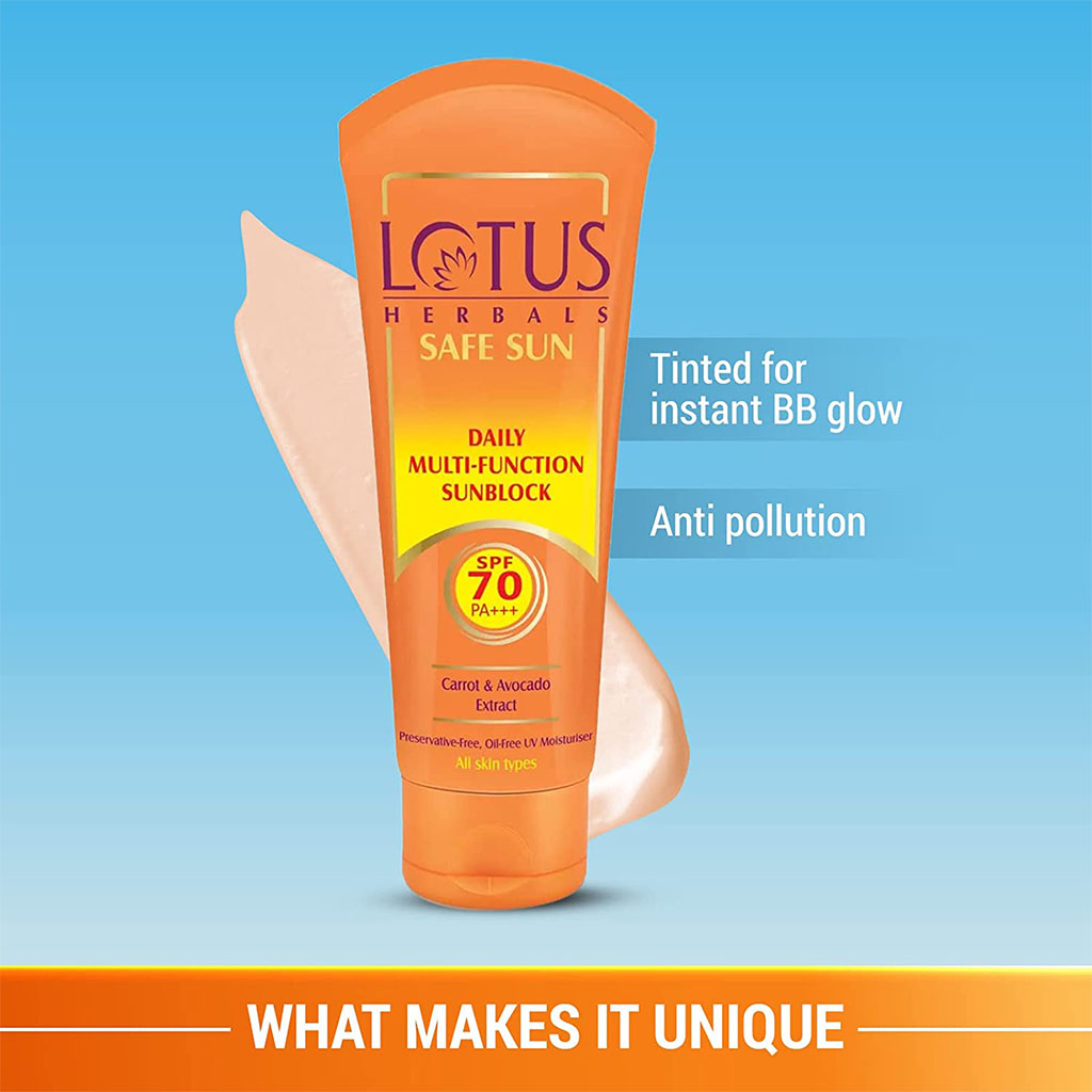 Lotus Herbals Safe Sun Daily Multi-function SPF 70 PA+++ Face Sun Block For All Skin Types 60g