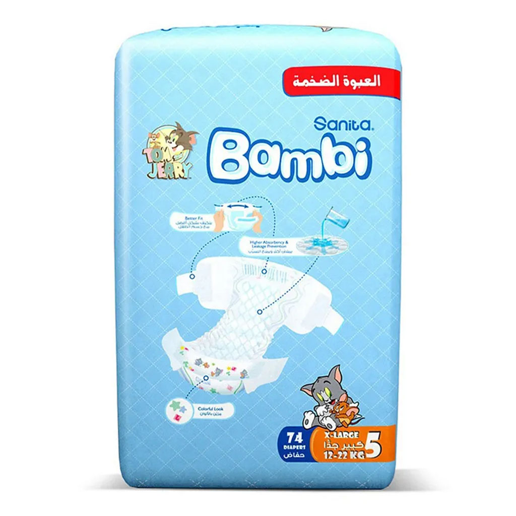 Sanita Bambi Tom And Jerry Baby Diapers, Size 5, X-Large, For 12-22 Kg Baby, Mega Pack of 148's
