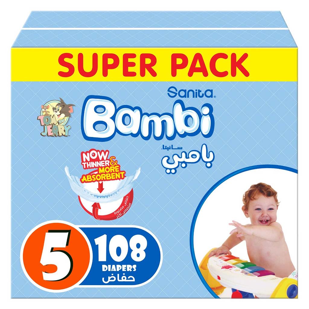 Sanita Bambi Tom And Jerry Baby Diapers, Size 5, X-Large For 12-22 Kg Baby, Super Pack of 108's 