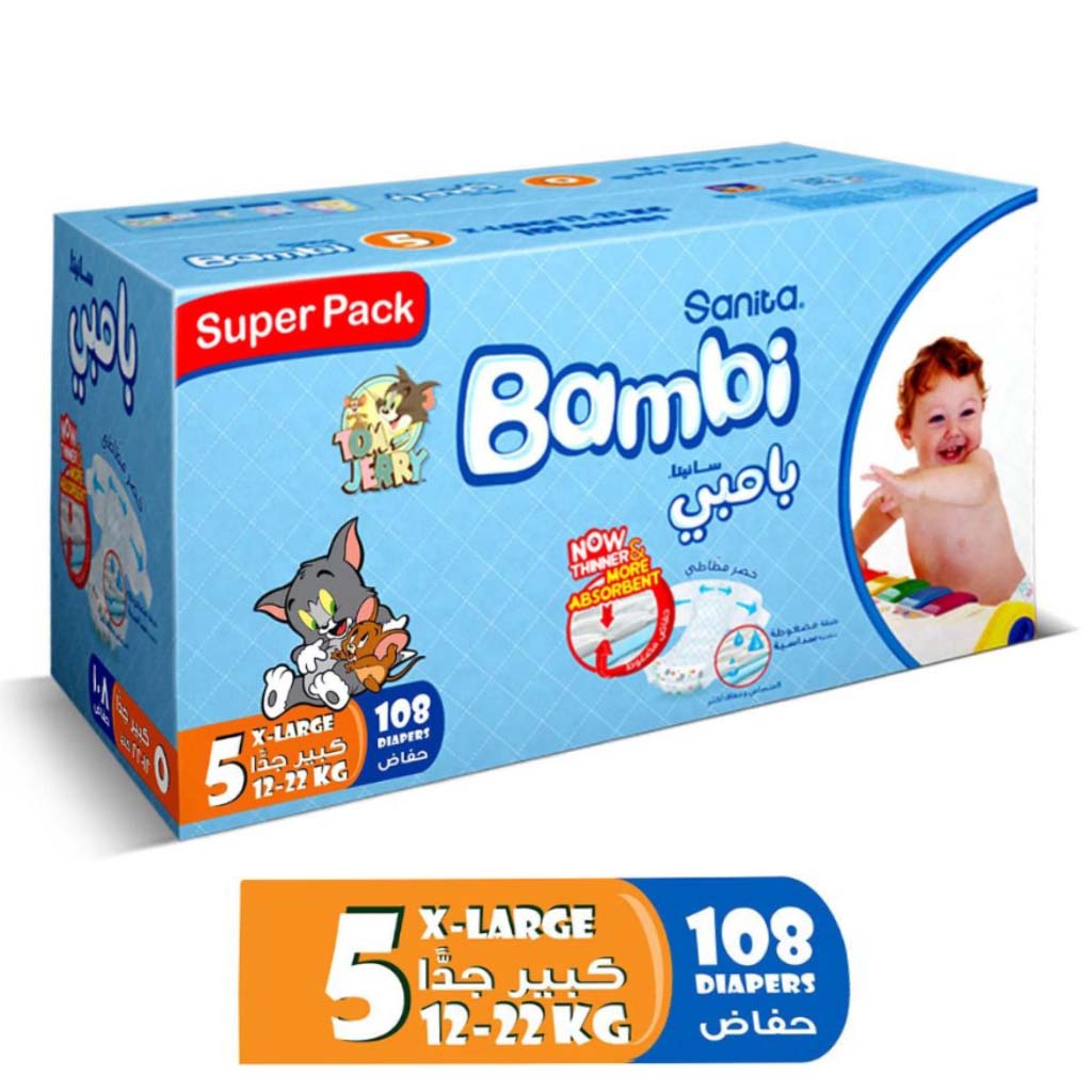 Sanita Bambi Tom And Jerry Baby Diapers, Size 5, X-Large For 12-22 Kg Baby, Super Pack of 108's 