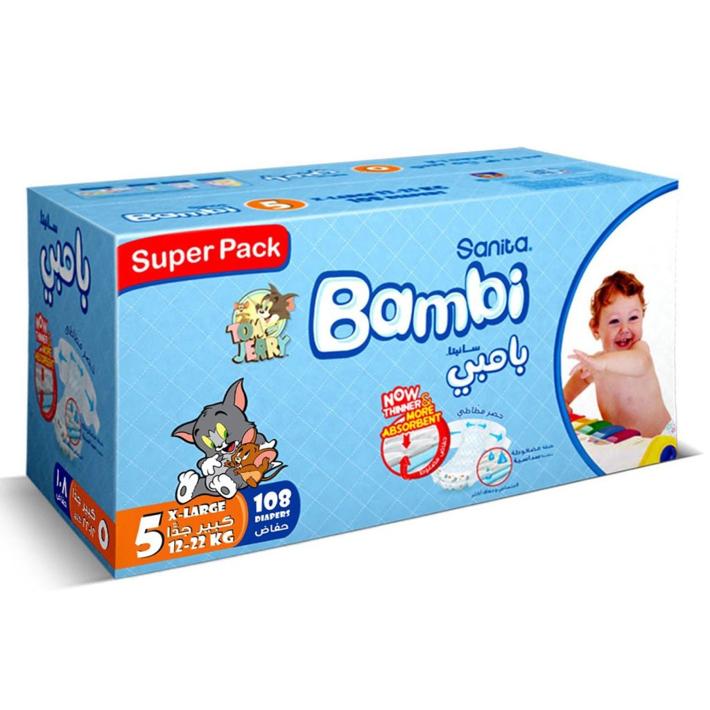 Sanita Bambi Tom And Jerry Baby Diapers, Size 5, X-Large For 12-22 Kg Baby, Super Pack of 108's 