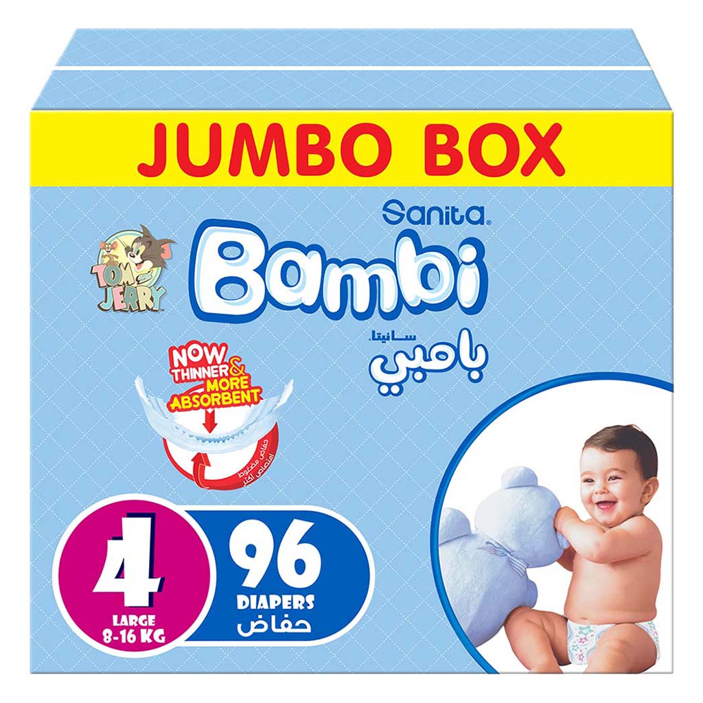 Sanita Bambi Tom And Jerry Baby Diapers, Size 4, Large For 8-16 Kg Baby, Jumbo Box of 96's 