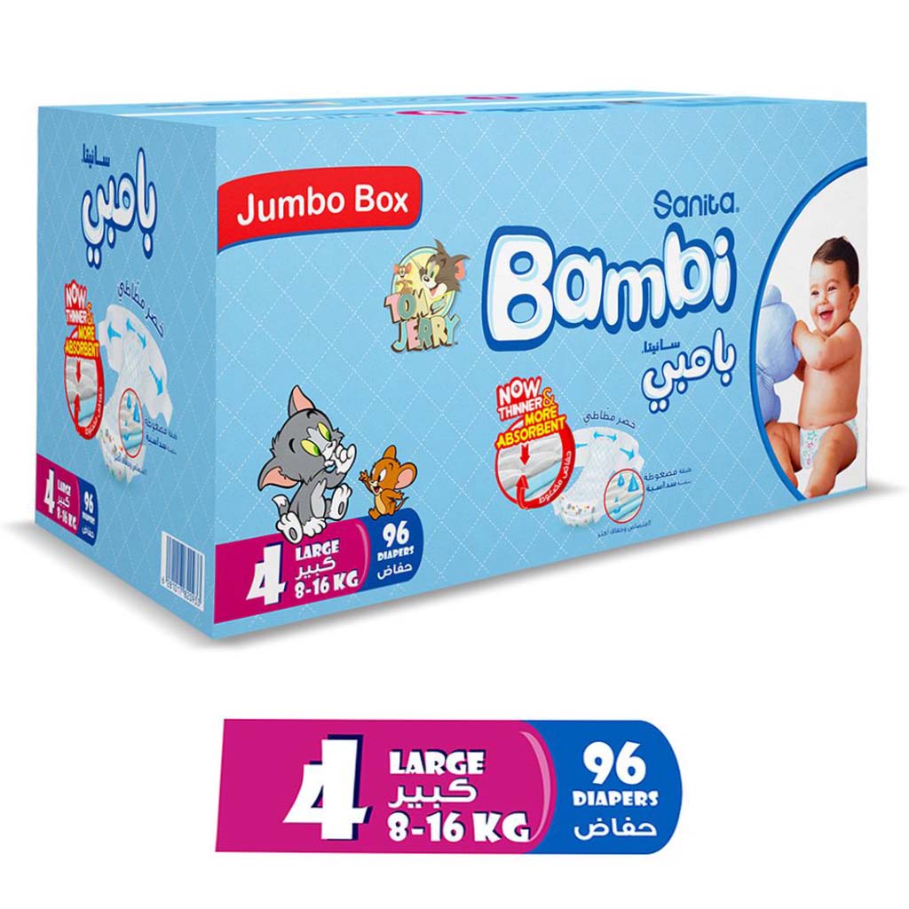 Sanita Bambi Tom And Jerry Baby Diapers, Size 4, Large For 8-16 Kg Baby, Jumbo Box of 96's 