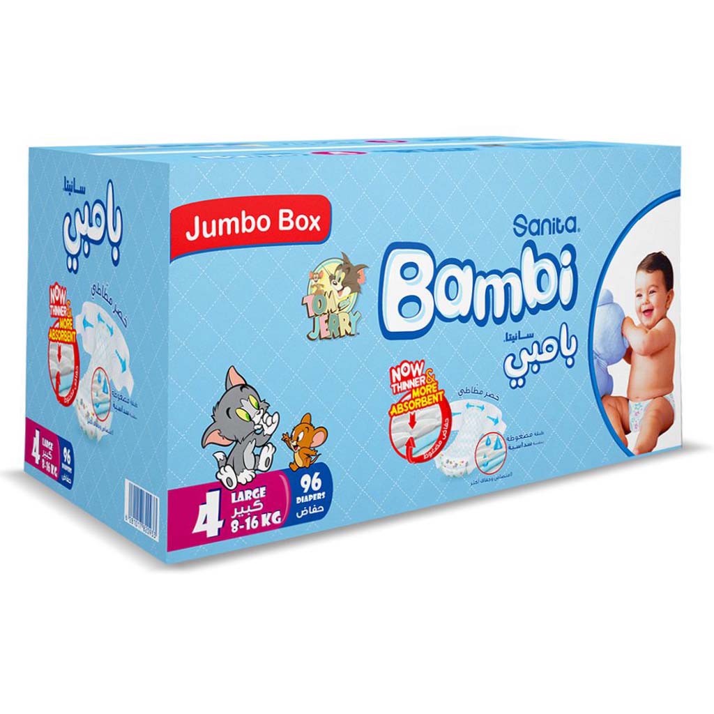 Sanita Bambi Tom And Jerry Baby Diapers, Size 4, Large For 8-16 Kg Baby, Jumbo Box of 96's 