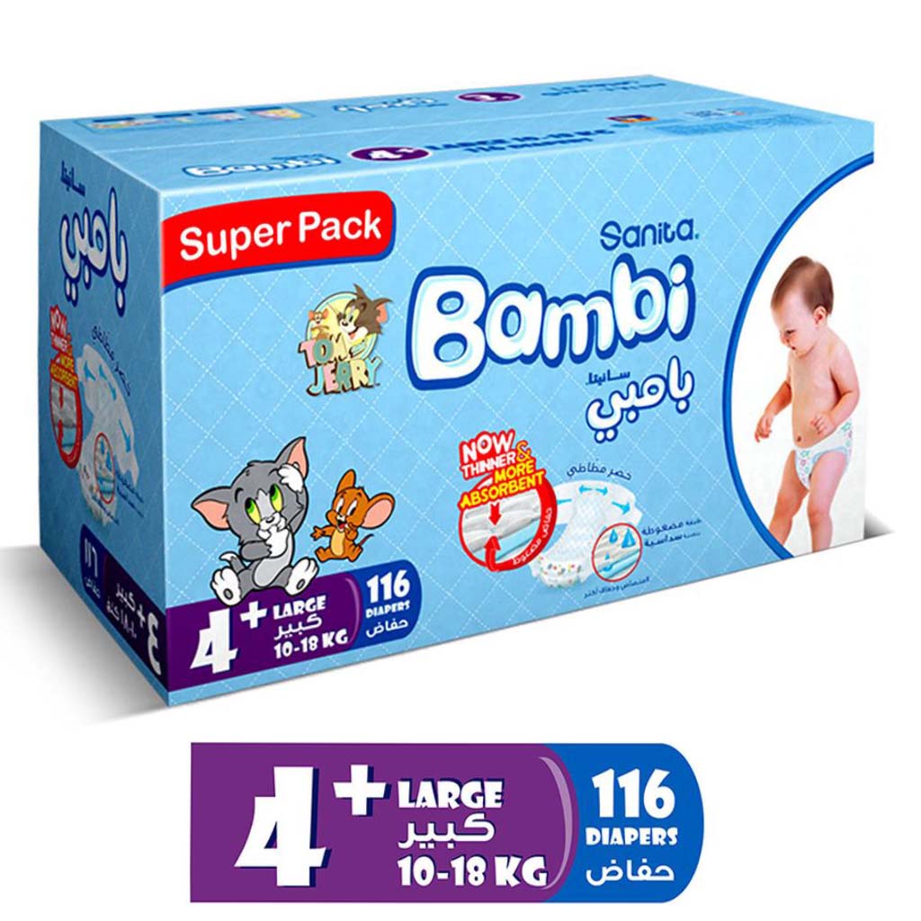 Sanita Bambi Tom And Jerry Baby Diapers, Size 4+, Large For 10-18 Kg Baby, Super Pack of 116's