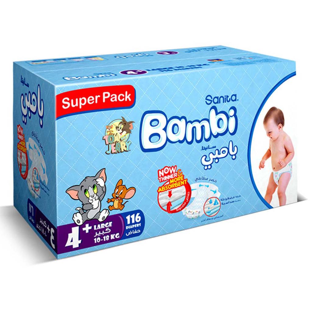Sanita Bambi Tom And Jerry Baby Diapers, Size 4+, Large For 10-18 Kg Baby, Super Pack of 116's