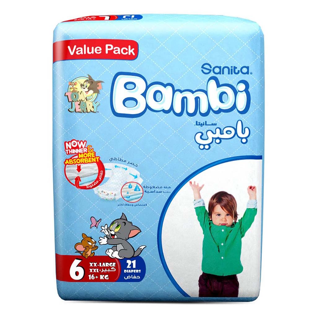 Sanita Bambi Tom And Jerry Baby Diapers, Size 6, XX-Large For 16+Kg Baby, Value Pack of 21's