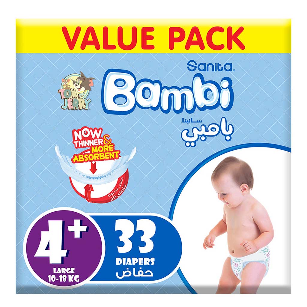 Sanita Bambi Tom And Jerry Baby Diapers, Size 4+, Large, For 10-18 Kg Baby, Value Pack of 33's 