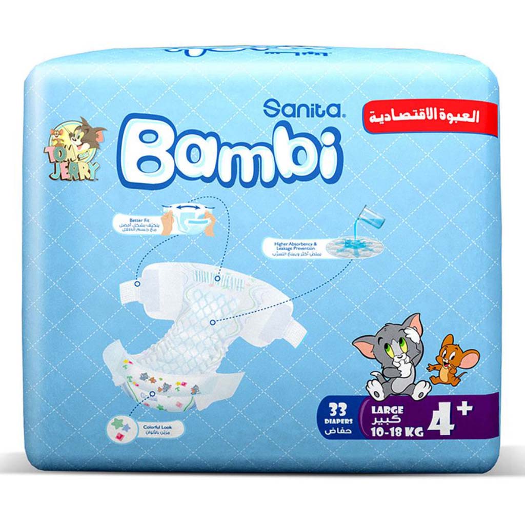 Sanita Bambi Tom And Jerry Baby Diapers, Size 4+, Large, For 10-18 Kg Baby, Value Pack of 33's 