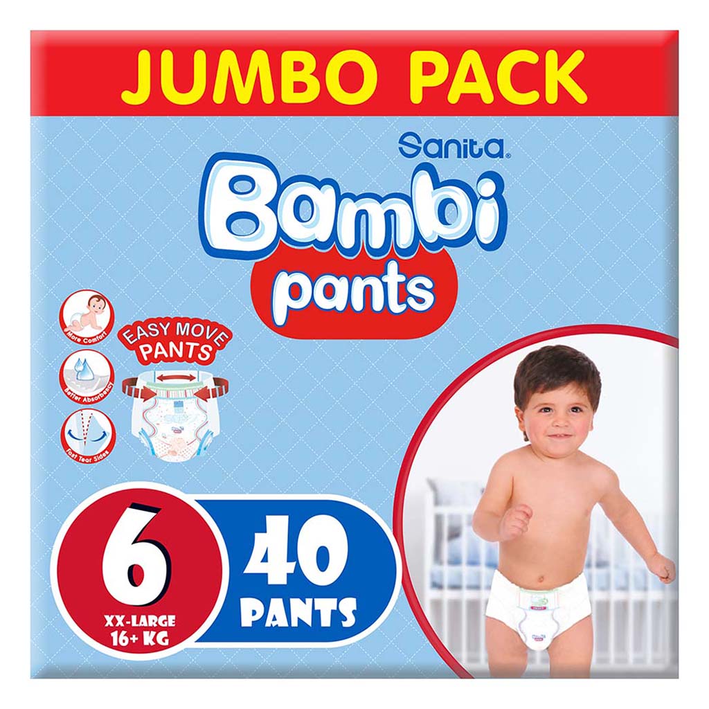 Sanita Bambi Easy Move Baby Diaper Pants, Size 6, XX-Large For 16+ Kg Baby, Jumbo Pack of 40's 