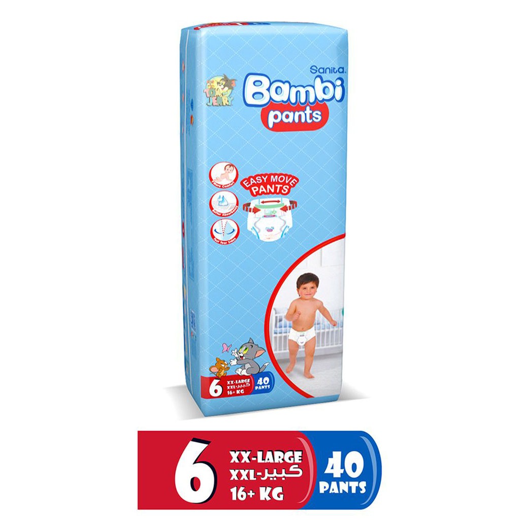 Sanita Bambi Easy Move Baby Diaper Pants, Size 6, XX-Large For 16+ Kg Baby, Jumbo Pack of 40's 