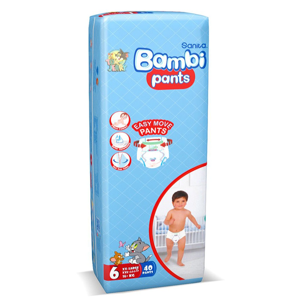 Sanita Bambi Easy Move Baby Diaper Pants, Size 6, XX-Large For 16+ Kg Baby, Jumbo Pack of 40's 