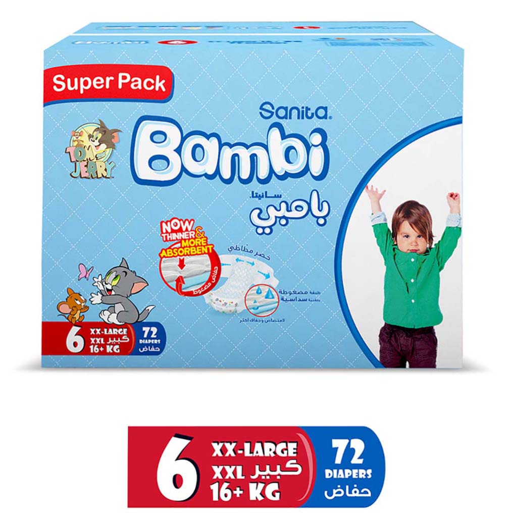 Sanita Bambi Tom And Jerry Baby Diapers, Size 6, XX-Large, For 16+ Kg Baby, Super Pack of 72's