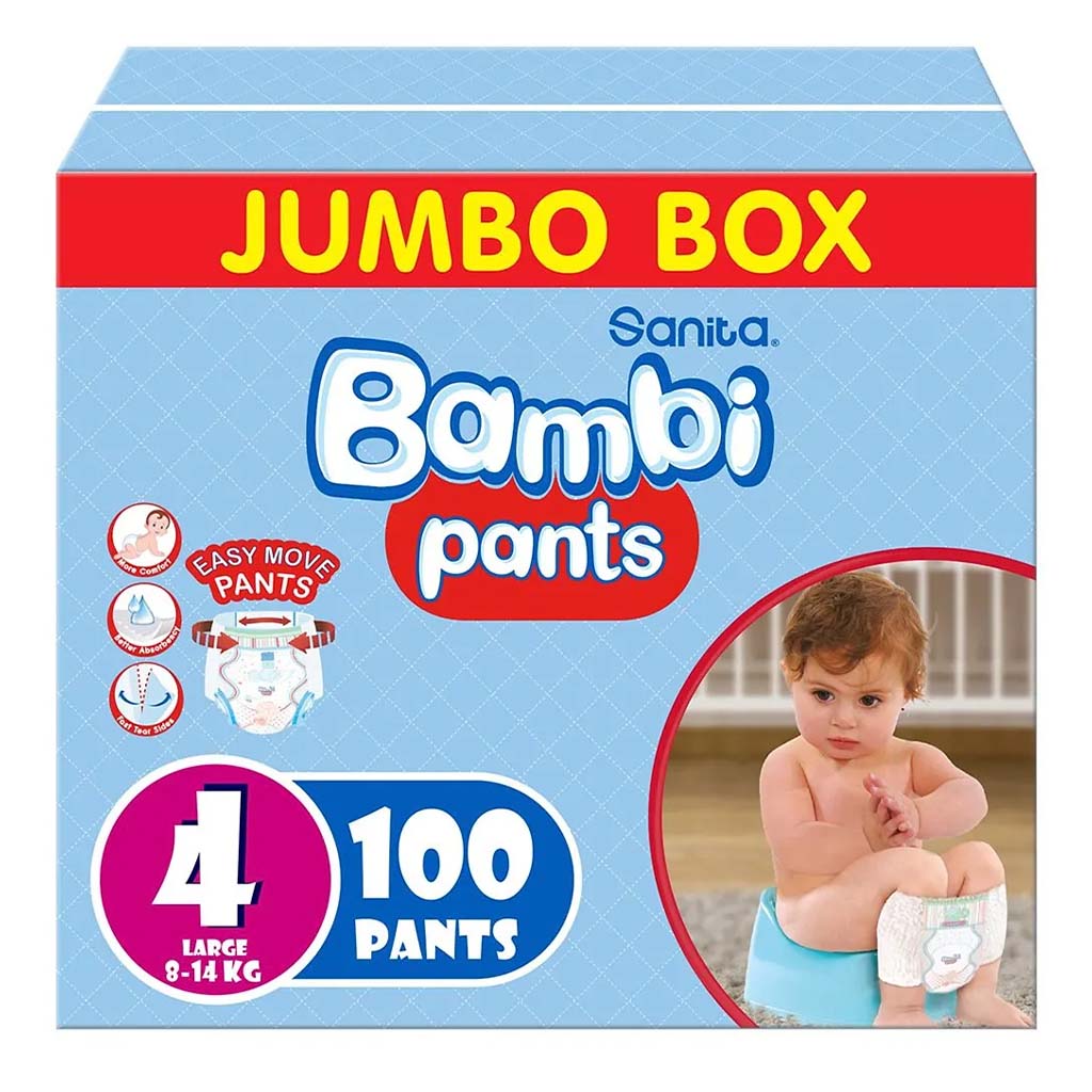 Sanita Bambi Easy Move Baby Diaper Pants, Size 4, Large For 8-14 Kg Baby, Jumbo Pack of 100's
