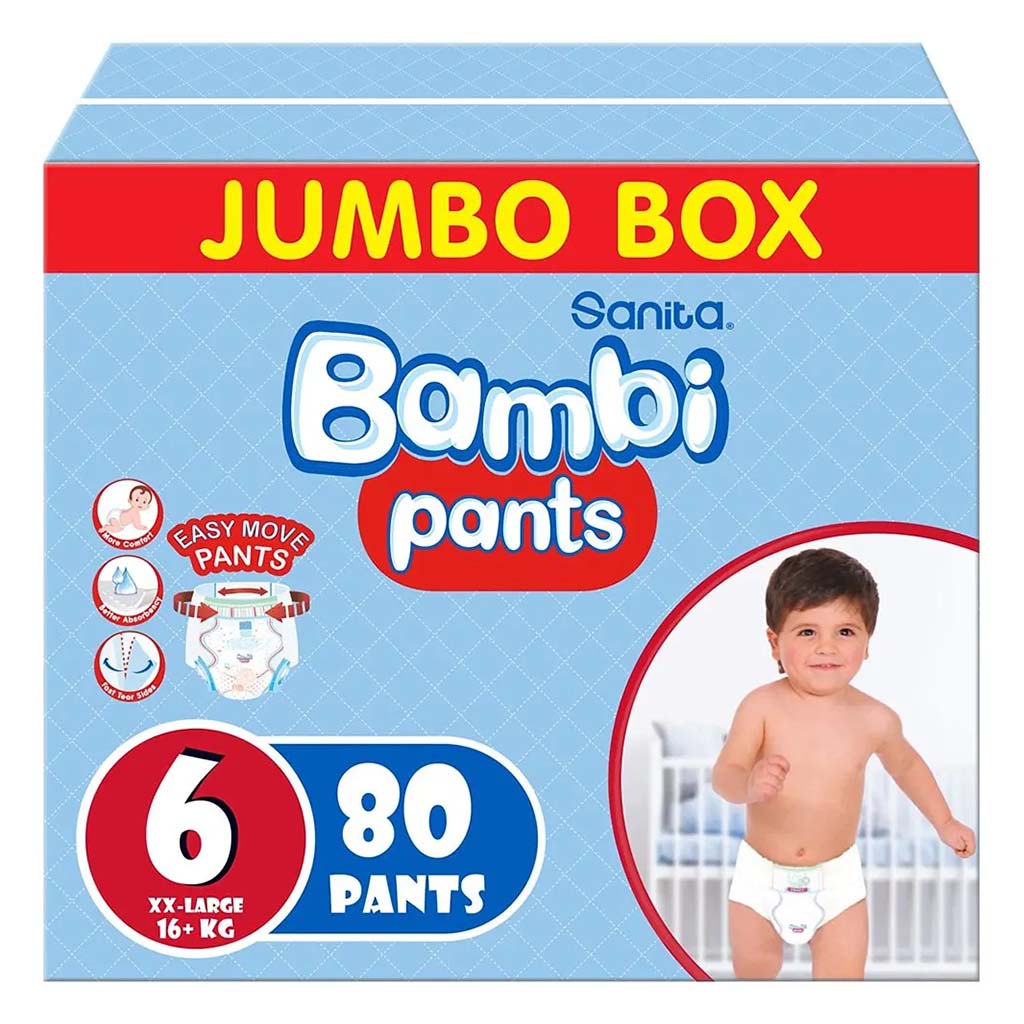 Sanita Bambi Easy Move Baby Diaper Pants, Size 6, XX-Large For 16+ Kg Baby, Jumbo Pack of 80's