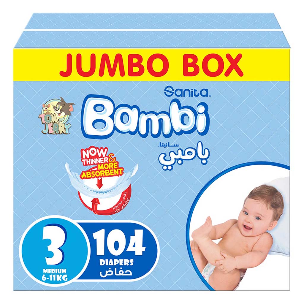 Sanita Bambi Tom And Jerry Baby Diapers, Size 3, Medium, For 6-11 Kg Baby, Jumbo Box of 104's 
