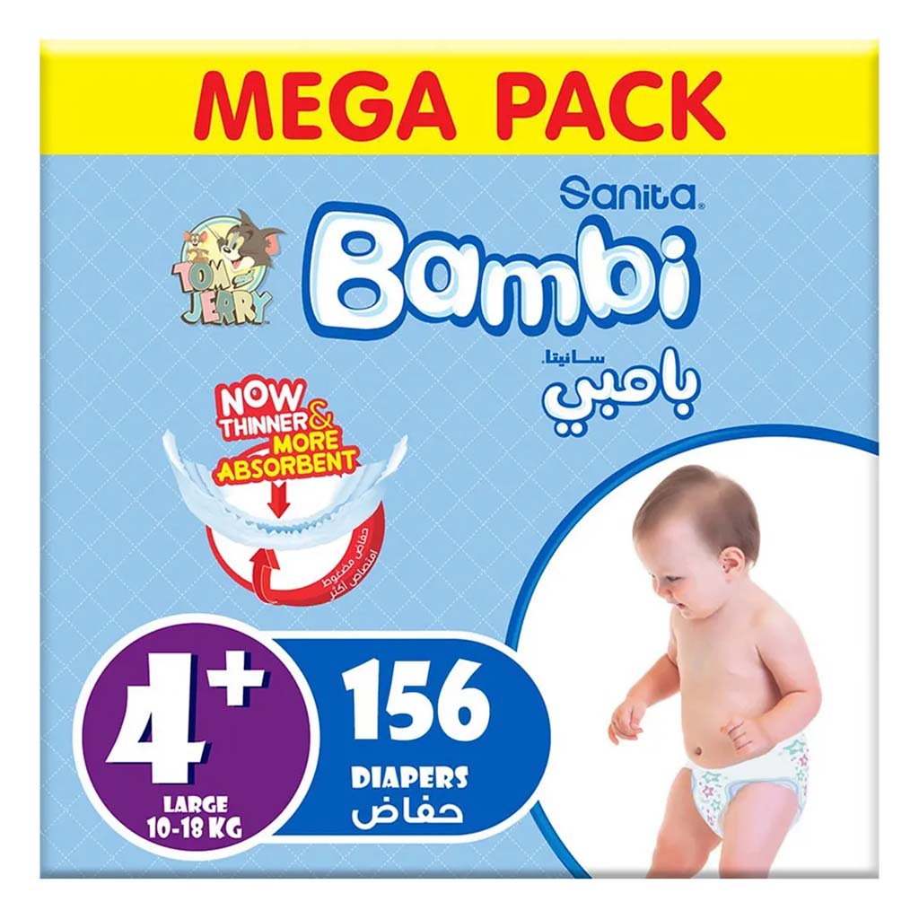 Sanita Bambi Tom And Jerry Baby Diapers, Size 4+, Large For 10-18 Kg Baby, Mega Pack of 156's