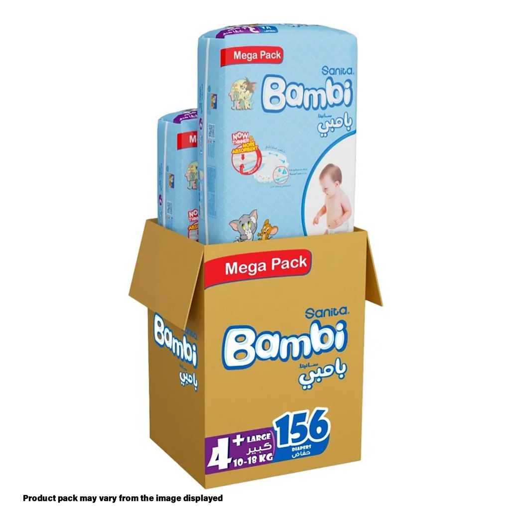 Sanita Bambi Tom And Jerry Baby Diapers, Size 4+, Large For 10-18 Kg Baby, Mega Pack of 156's