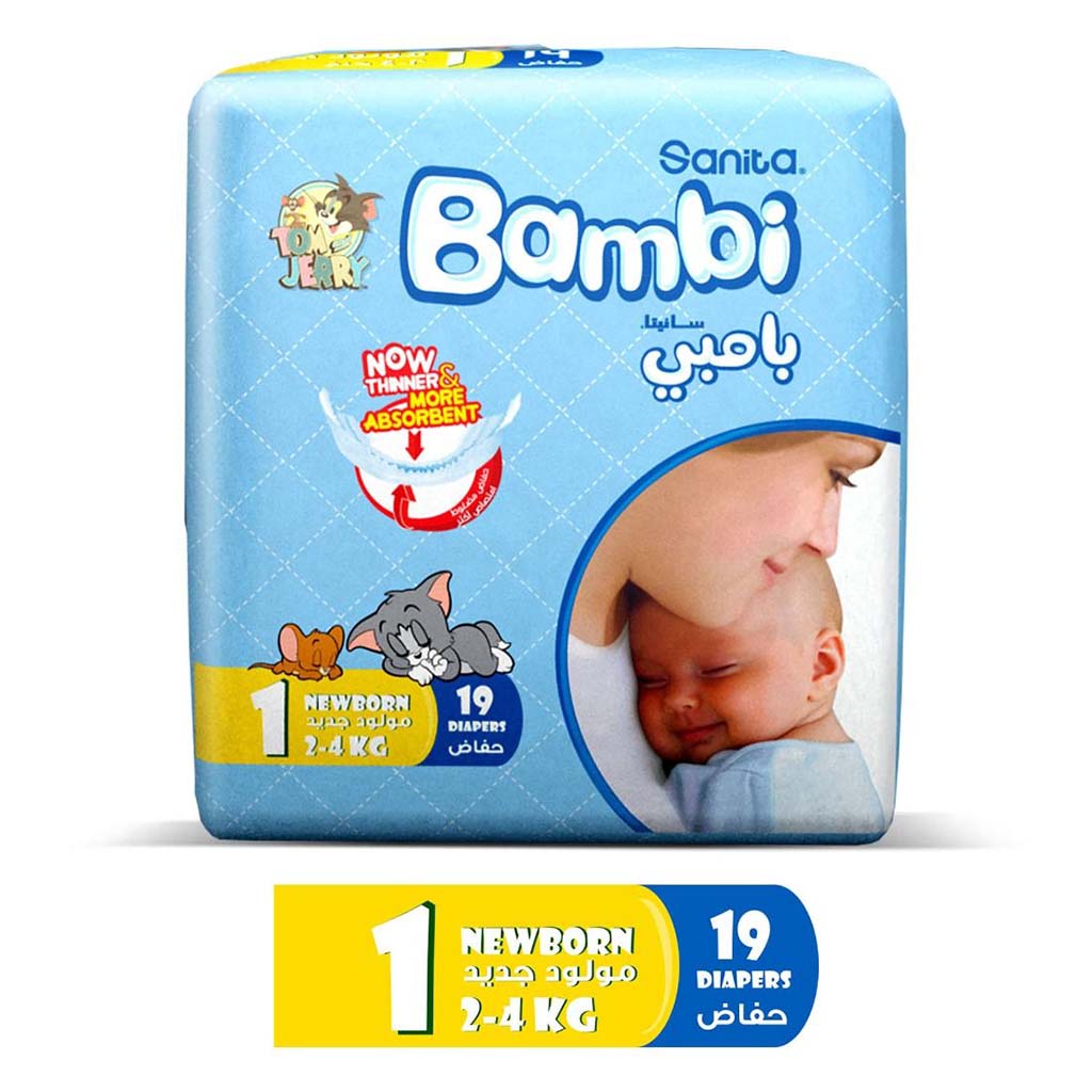 Sanita Bambi Tom And Jerry Baby Diapers, Size 1, For Newborn Baby With 2-4 Kg, Regular Pack of 19's 