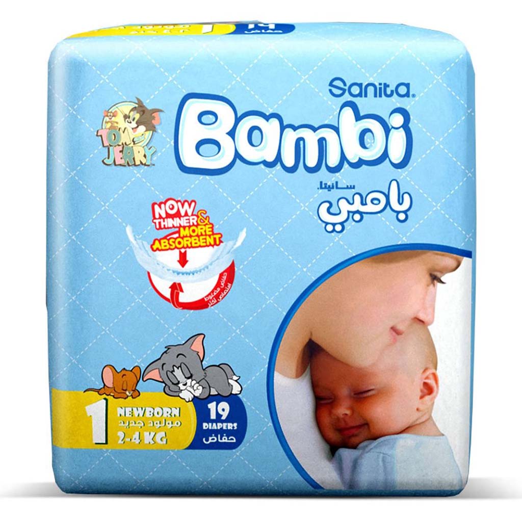 Sanita Bambi Tom And Jerry Baby Diapers, Size 1, For Newborn Baby With 2-4 Kg, Regular Pack of 19's 
