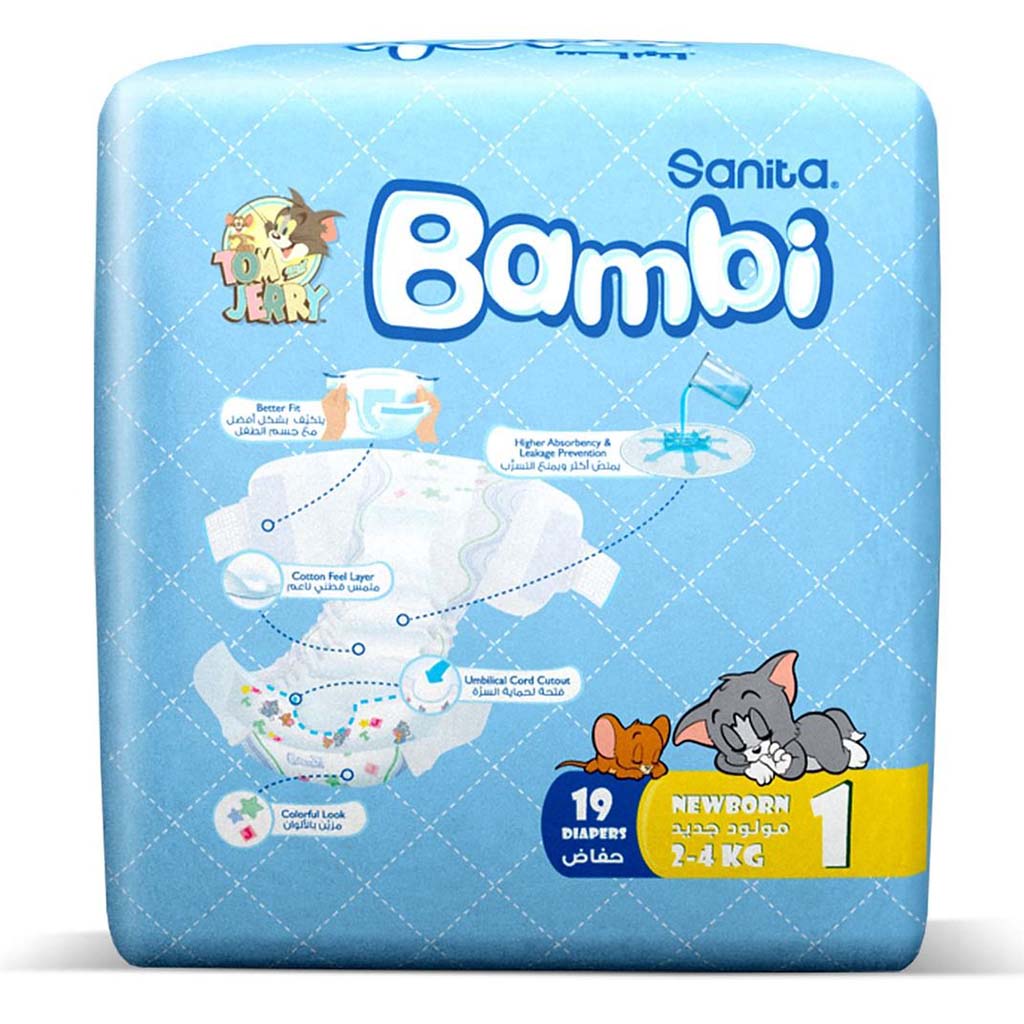 Sanita Bambi Tom And Jerry Baby Diapers, Size 1, For Newborn Baby With 2-4 Kg, Regular Pack of 19's 