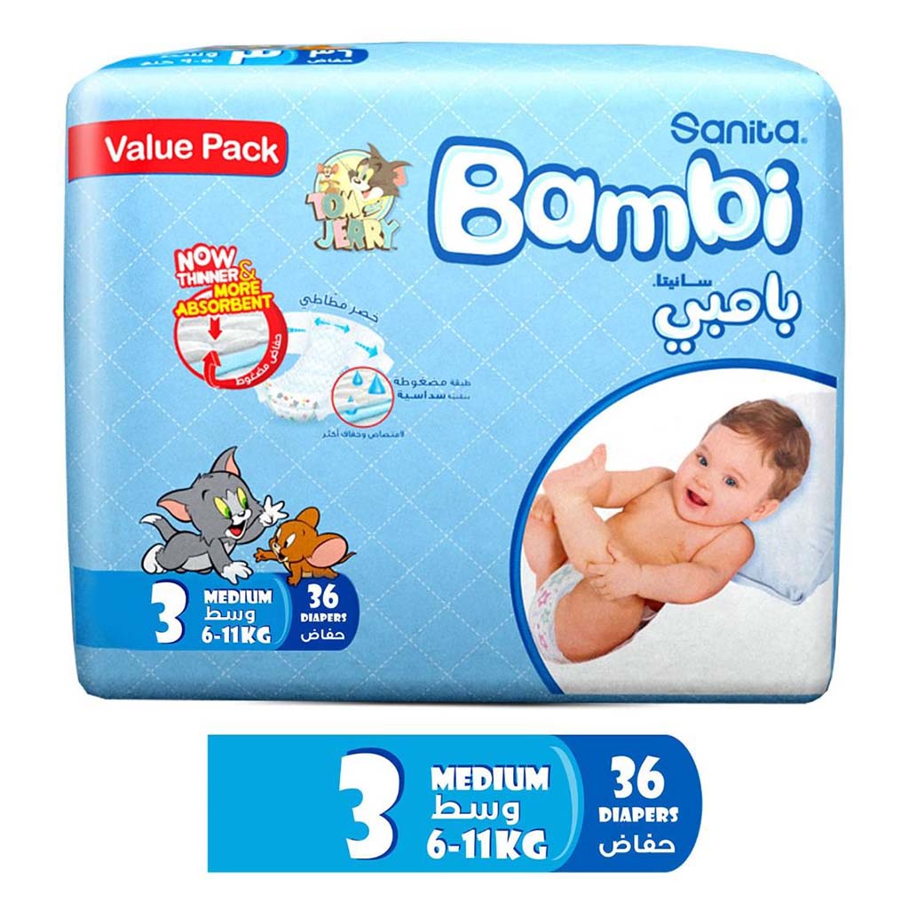 Sanita Bambi Tom And Jerry Baby Diapers, Size 3, Medium For 6-11 Kg Baby, Value Pack of 36's 