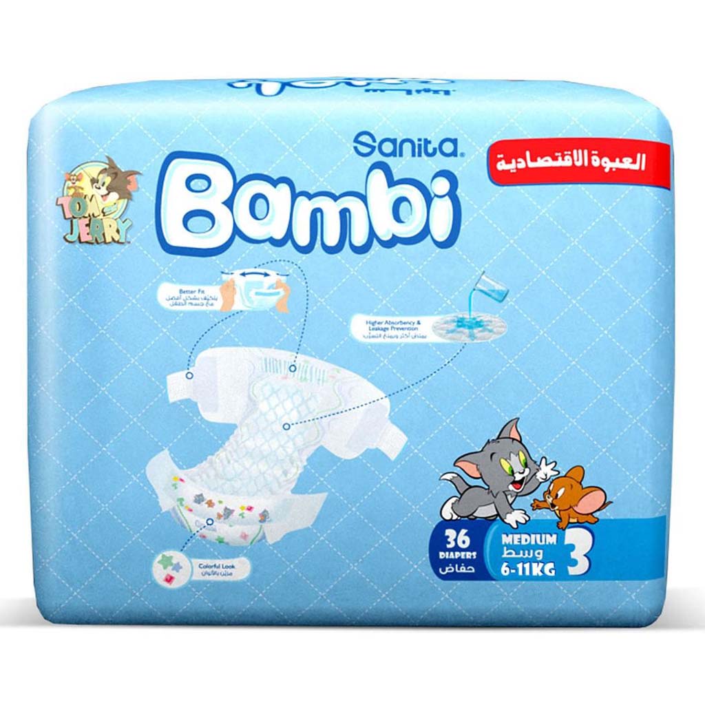 Sanita Bambi Tom And Jerry Baby Diapers, Size 3, Medium For 6-11 Kg Baby, Value Pack of 36's 