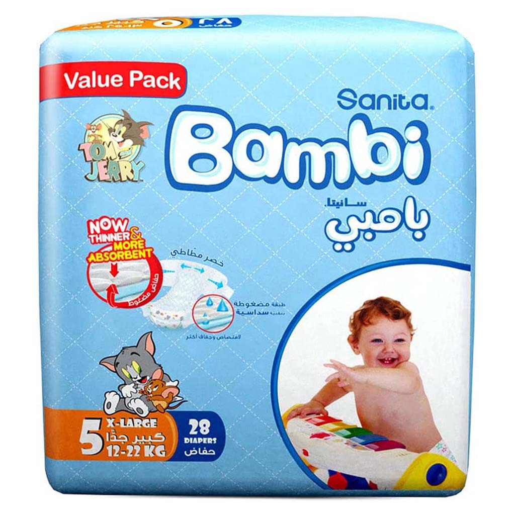 Sanita Bambi Tom And Jerry Baby Diapers, Size 5, X-Large For 12-22 Kg Baby, Value Pack of 28's