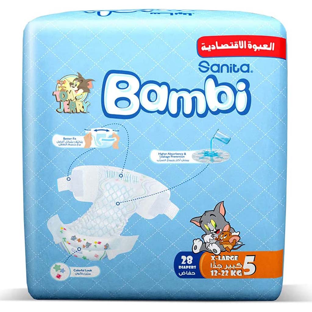 Sanita Bambi Tom And Jerry Baby Diapers, Size 5, X-Large For 12-22 Kg Baby, Value Pack of 28's