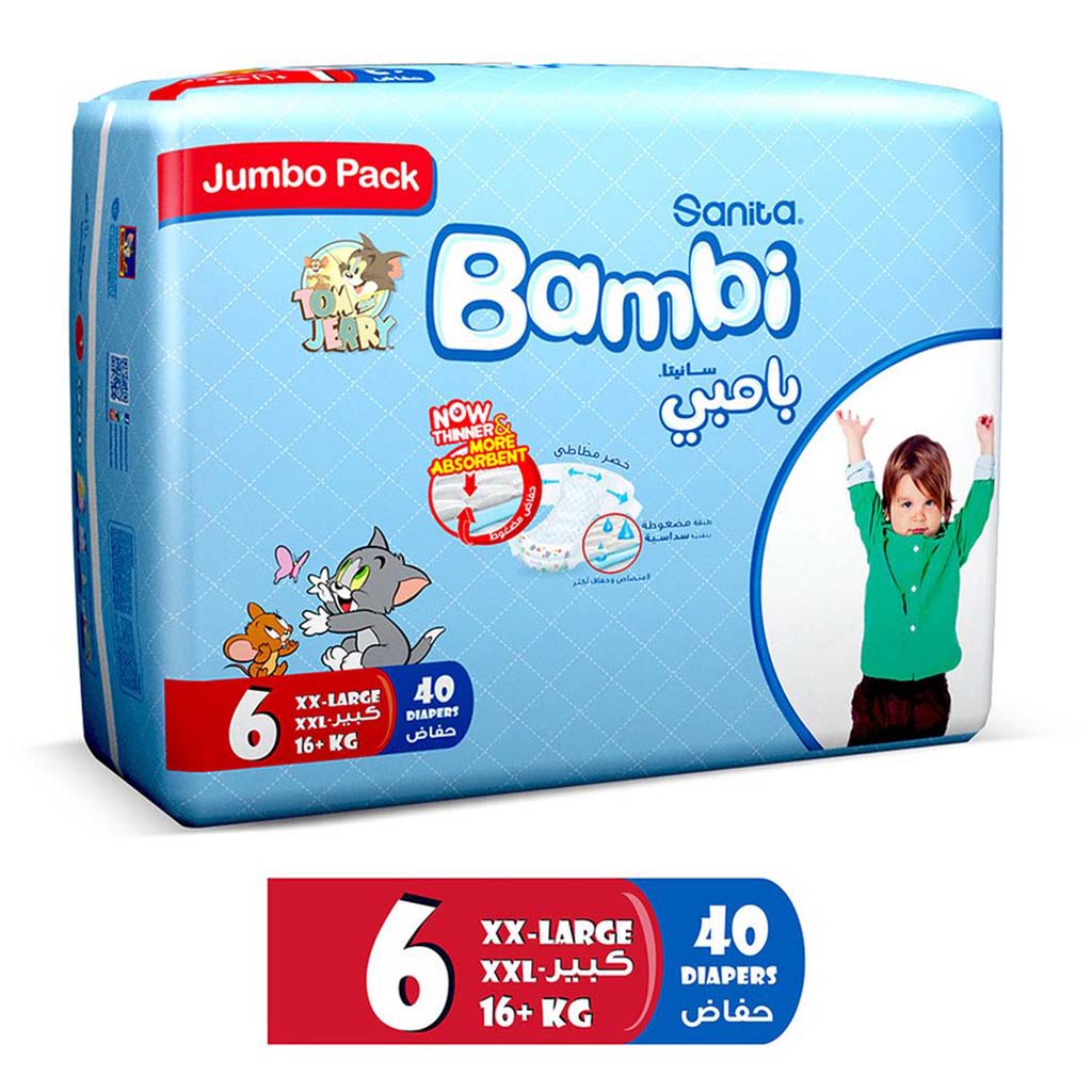 Sanita Bambi Tom And Jerry Baby Diapers, Size 6, XX-Large For 16+Kg Baby, Jumbo Pack of 40's