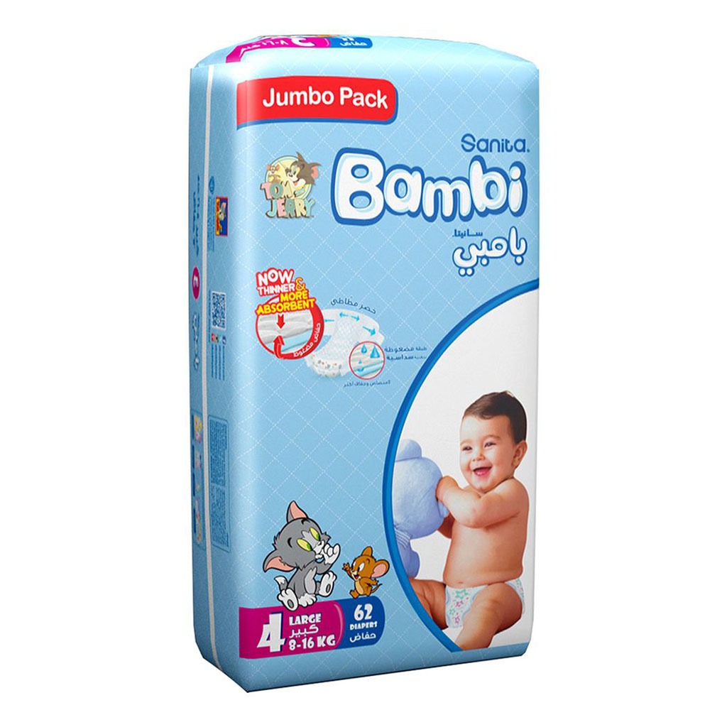 Sanita Bambi Tom And Jerry Baby Diapers, Size 4, Large, For 8-16 Kg Baby, Jumbo Pack of 62's 