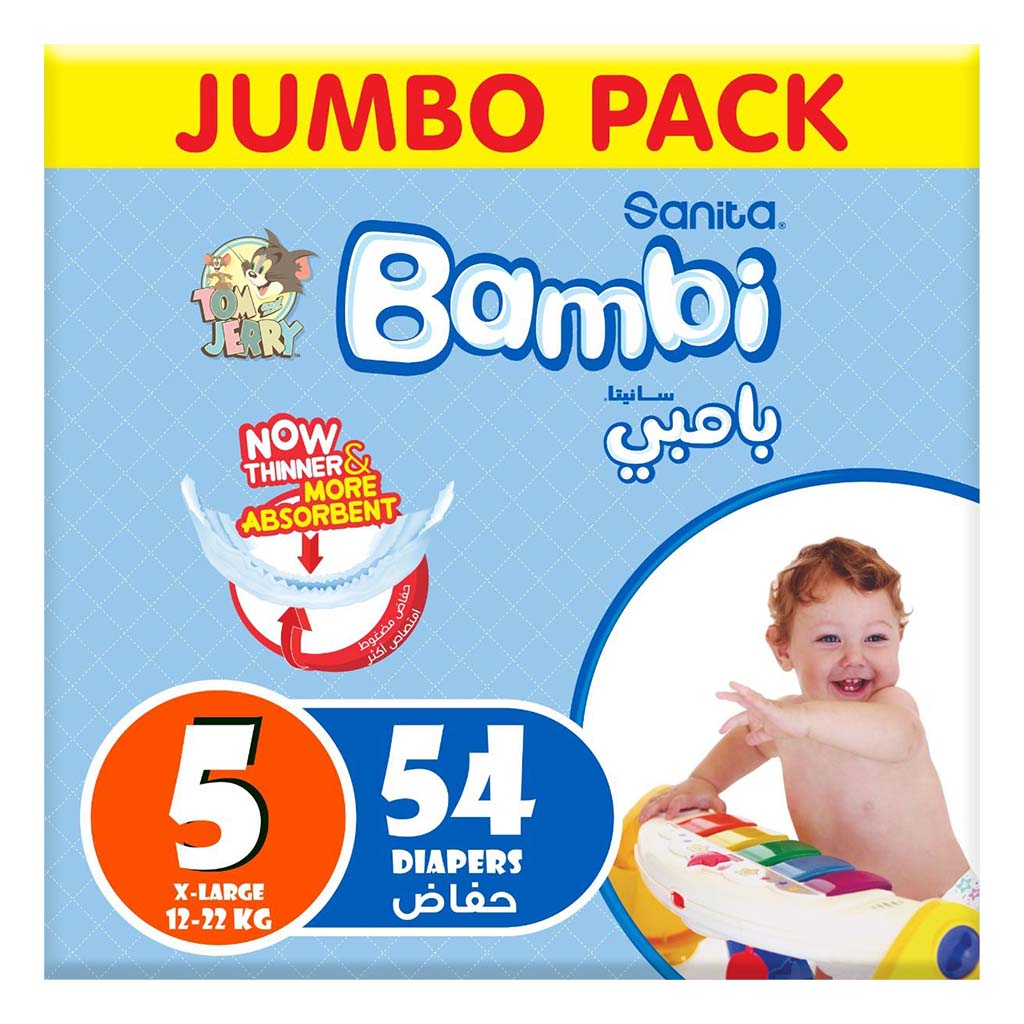 Sanita Bambi Tom And Jerry Baby Diapers, Size 5, X-Large For 12-22 Kg Baby, Jumbo Pack of 54's
