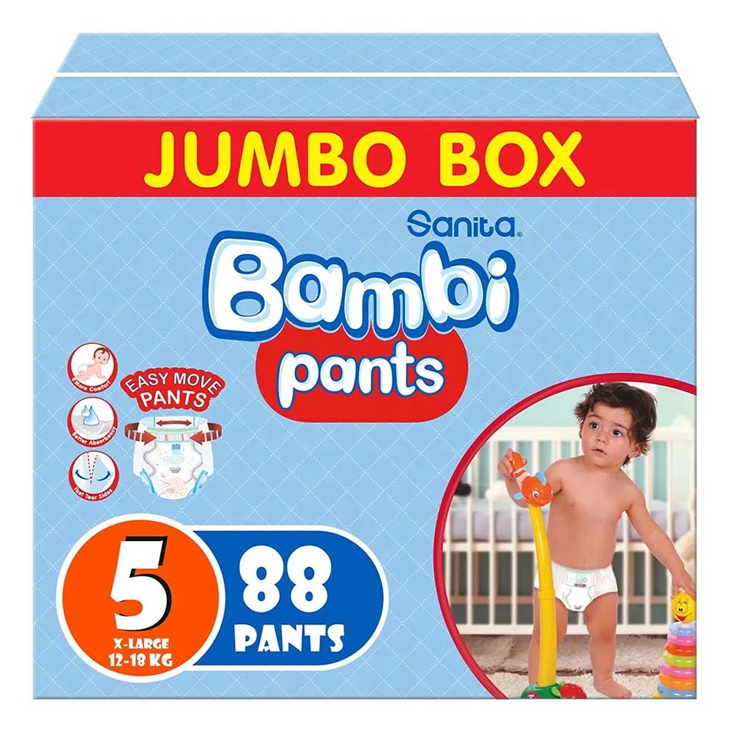 Sanita Bambi Easy Move Baby Diaper Pants, Size 5, X-Large For Baby 12-18 Kg Baby, Jumbo Pack of 88's