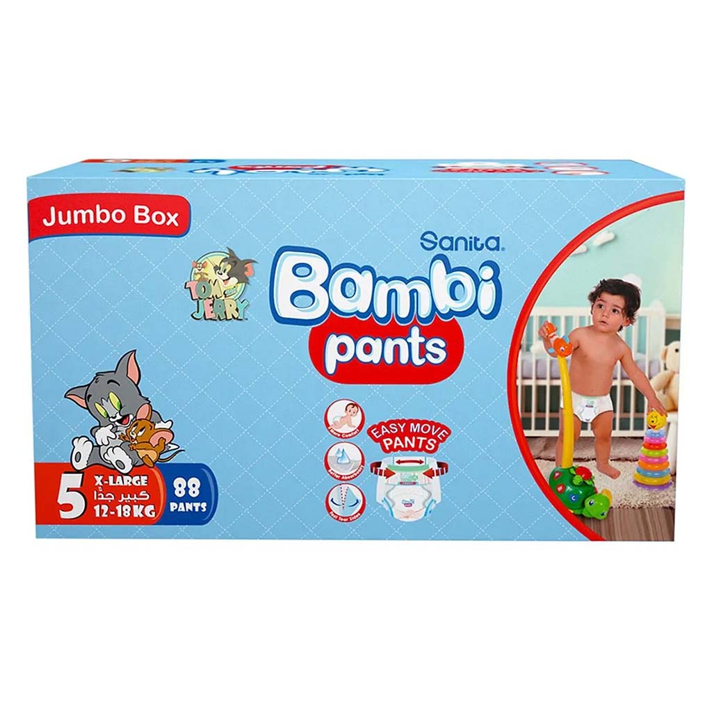 Sanita Bambi Easy Move Baby Diaper Pants, Size 5, X-Large For Baby 12-18 Kg Baby, Jumbo Pack of 88's