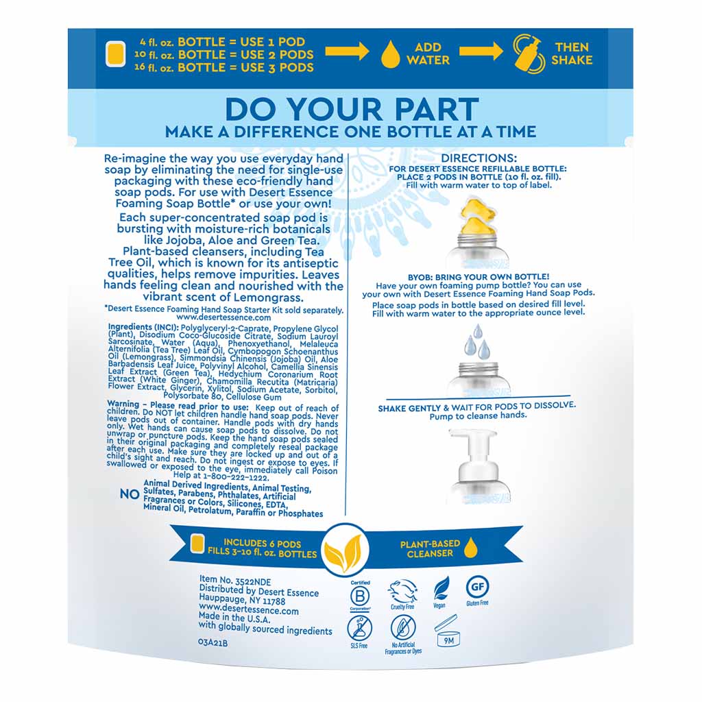 Desert Essence Foaming Hand Wash Refill Pods With Tea Tree Oil & Lemongrass 108ml