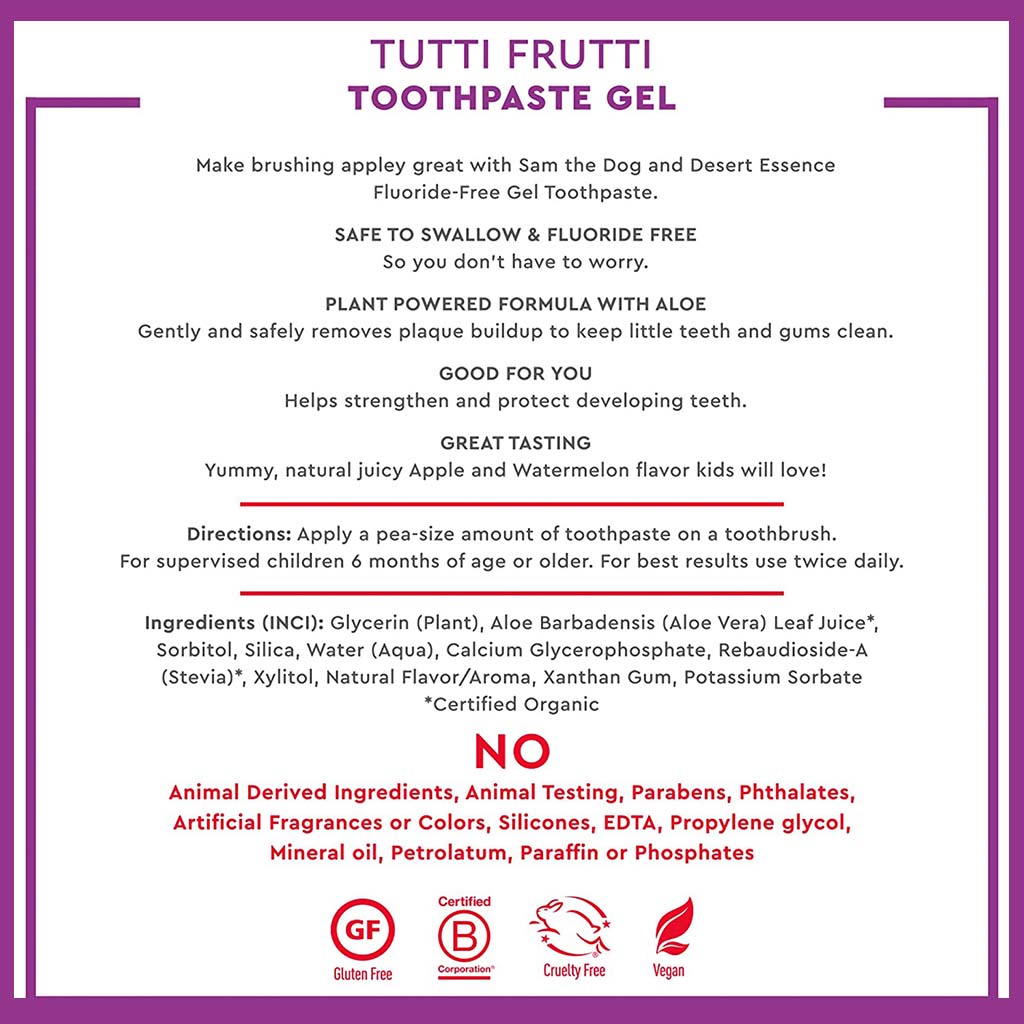 Desert Essence Tutti Frutti Fluoride-Free Kids Gel Toothpaste 133g