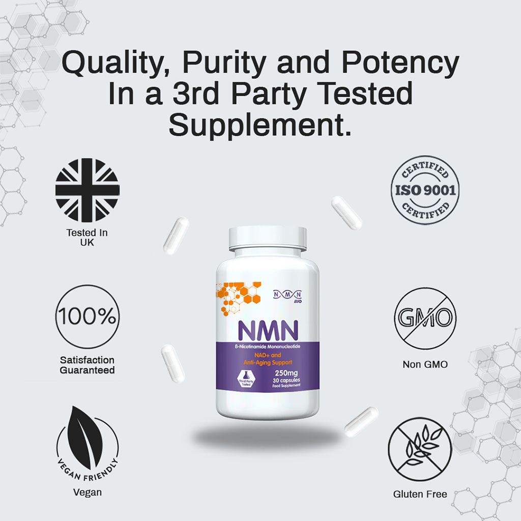 NMN Bio Beta Nicotinamide Mononucleotide 250mg Capsules For Anti-aging Support, Pack of 30's