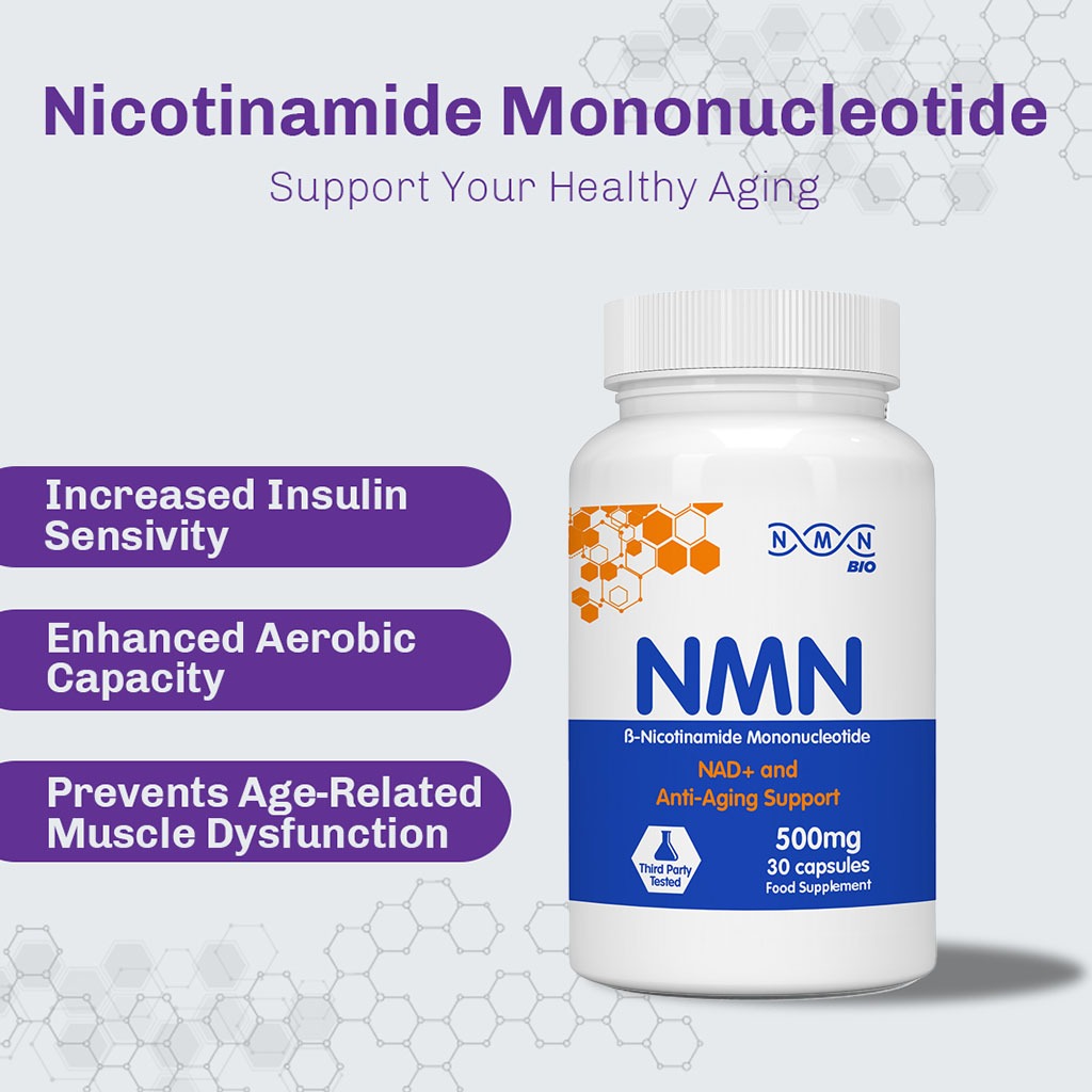 NMN Bio Beta Nicotinamide Mononucleotide 500mg Capsules For Anti-aging Support, Pack of 30's