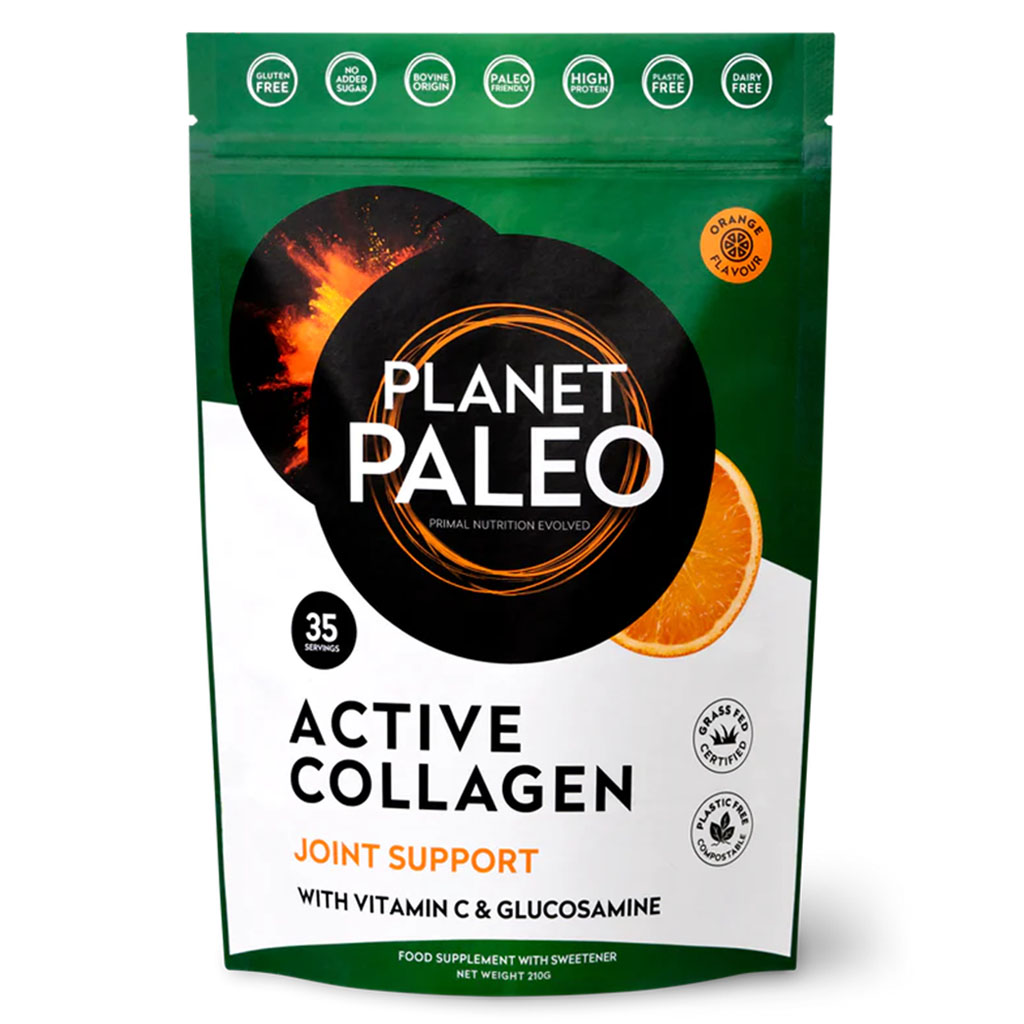 Planet Paleo Active Collagen Joint Support With Vitamin C & Glucosamine, Orange Flavor 210g, 35 Servings