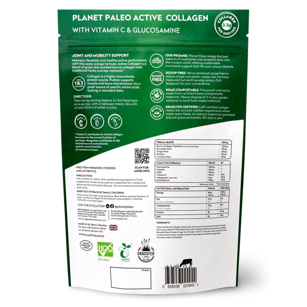 Planet Paleo Active Collagen Joint Support With Vitamin C & Glucosamine, Orange Flavor 210g, 35 Servings