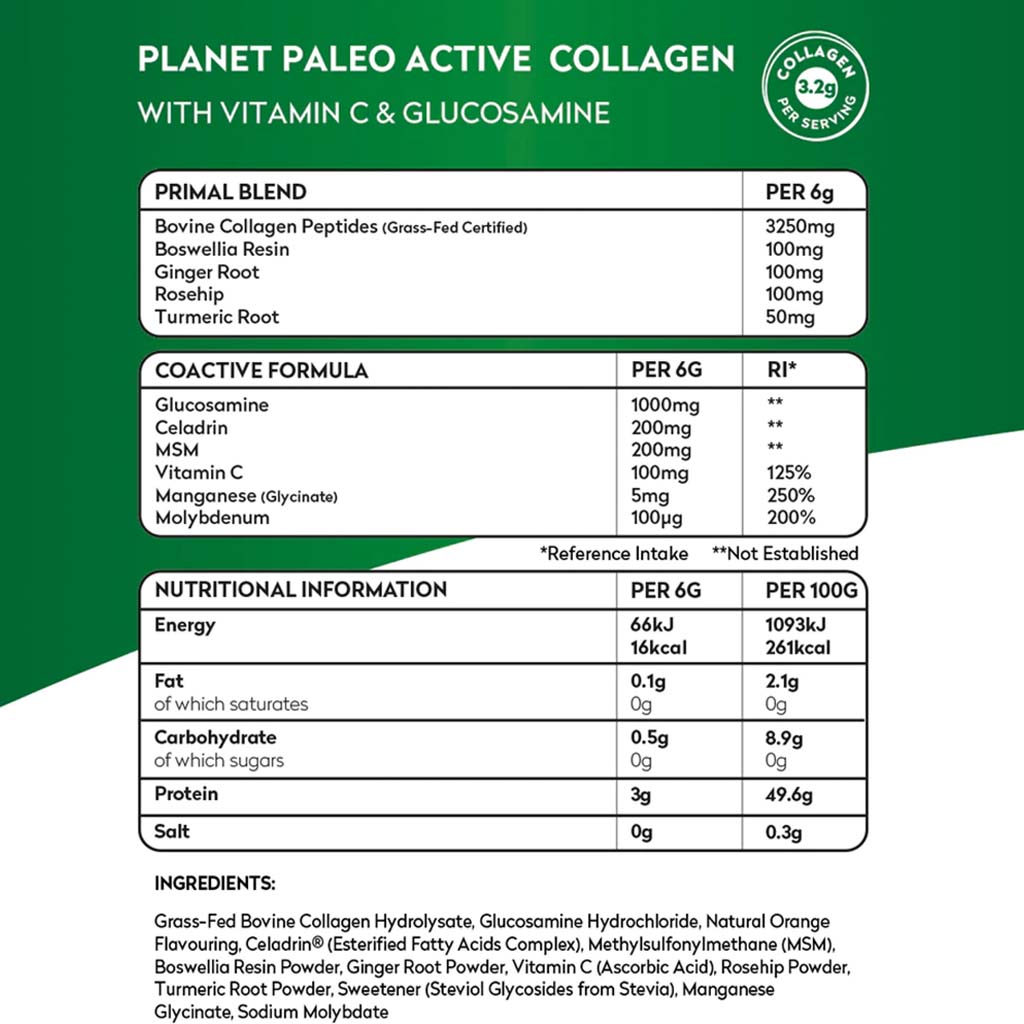 Planet Paleo Active Collagen Joint Support With Vitamin C & Glucosamine, Orange Flavor 210g, 35 Servings