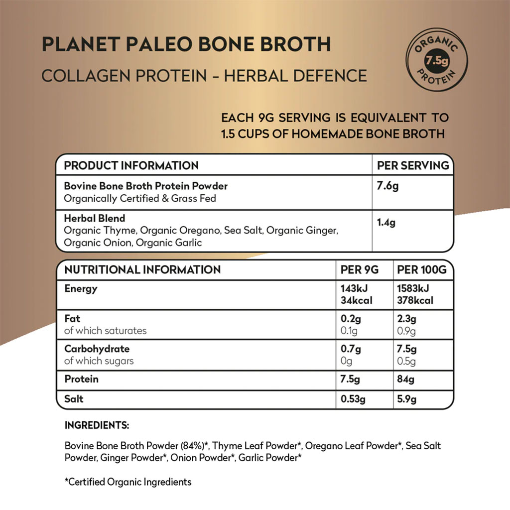 Planet Paleo Organic Bone Broth Collagen Protein Herbal Defence With Oregano And Thyme 225g, 25 servings