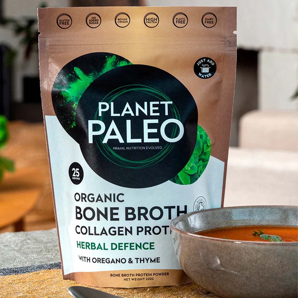 Planet Paleo Organic Bone Broth Collagen Protein Herbal Defence With Oregano And Thyme 225g, 25 servings