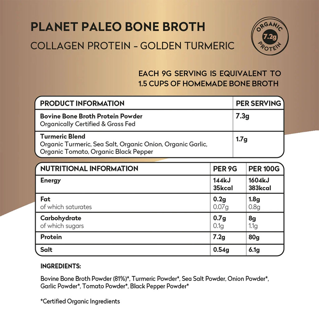 Planet Paleo Organic Bone Broth Collagen Protein Golden Turmeric With Black Pepper 225g, 25 servings