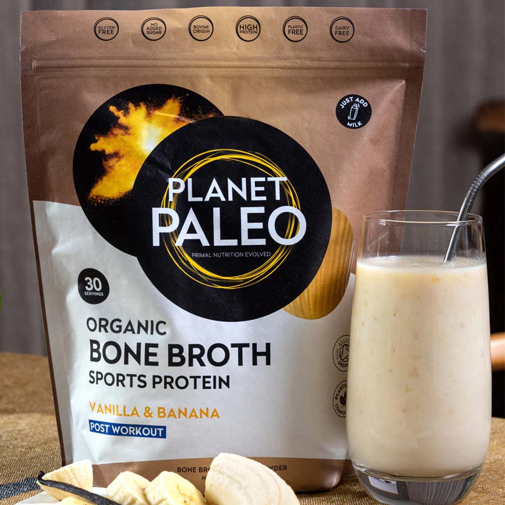 Planet Paleo Organic Bone Broth Post Workout Sports Protein Powder, Vanilla & Banana Flavor 480g