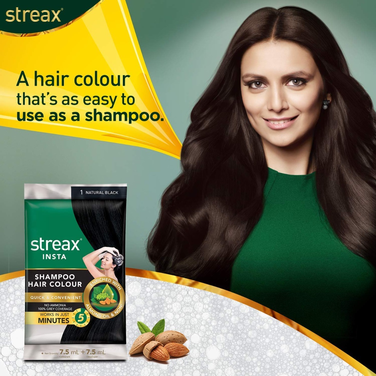 Streax No-Ammonia Insta Shampoo Hair Color - Natural Black 1