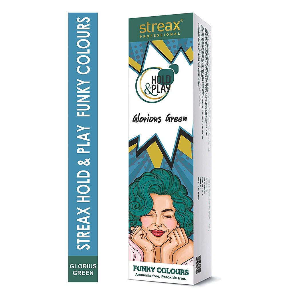 Streax Professional Hold & Play Ammonia & Peroxide - Free Funky Colors Semi-Permanent Hair Color Cream - Glorious Green 100g