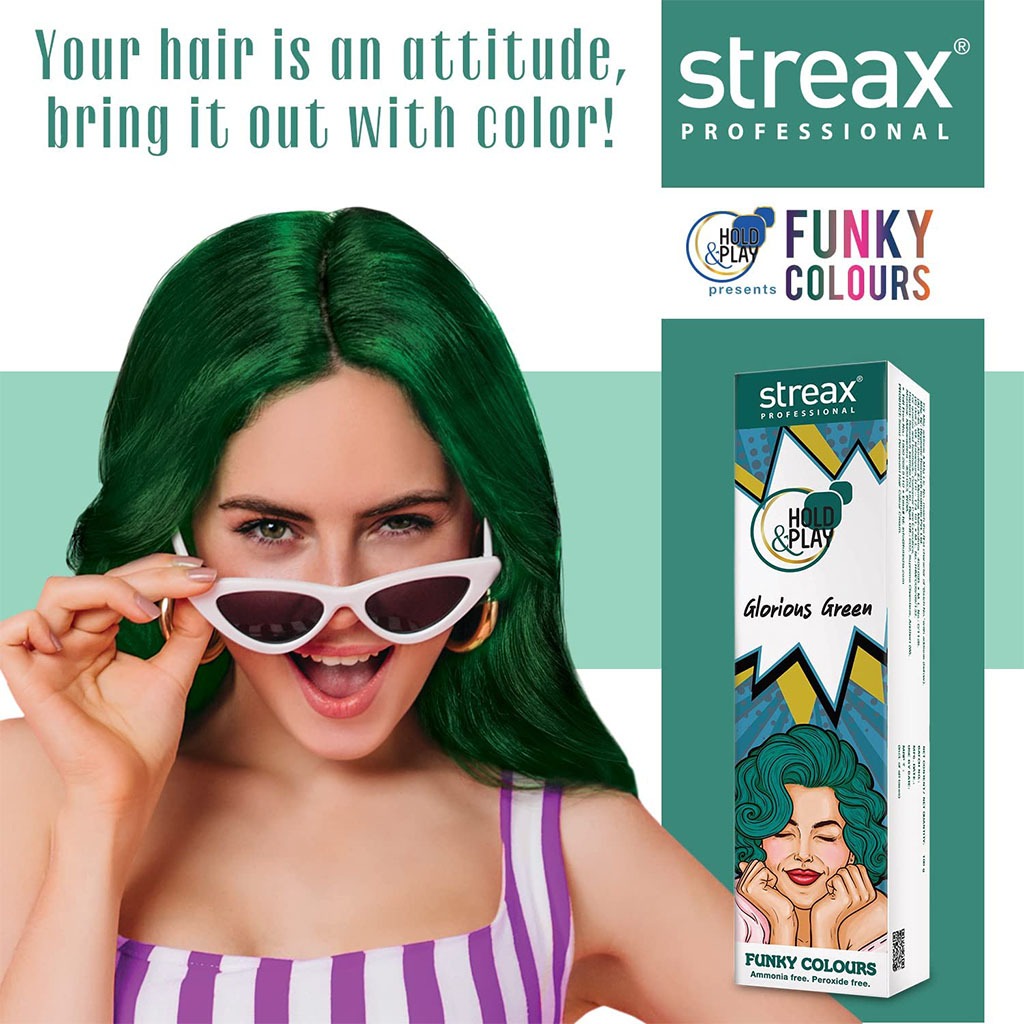 Streax Professional Hold & Play Ammonia & Peroxide - Free Funky Colors Semi-Permanent Hair Color Cream - Glorious Green 100g