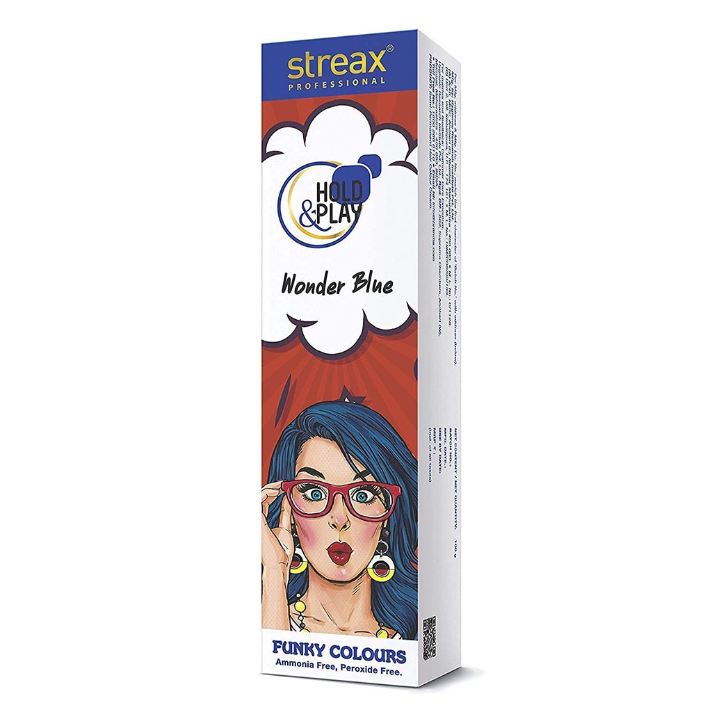 Streax Professional Hold & Play Ammonia & Peroxide - Free Funky Colors Semi-Permanent Hair Color Cream - Wonder Blue 100g